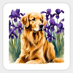 Golden Retriever Amongst Blue Irises Sticker